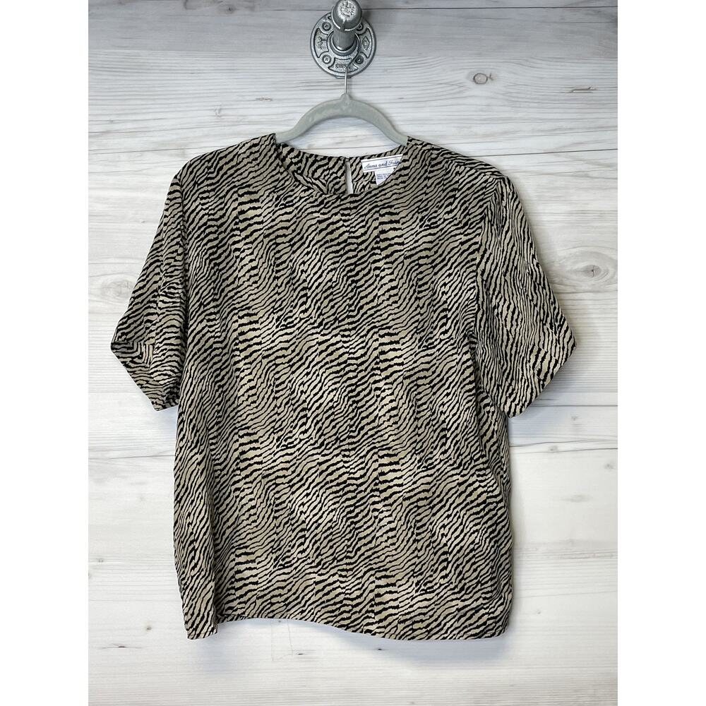 Anna and Frank Womens Small Silk Blouse Zebra Animal Print Beige Black Top